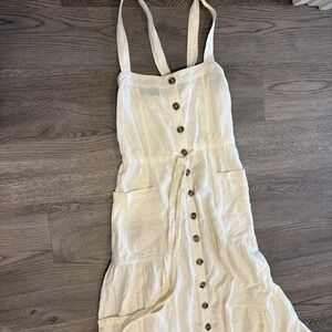 Free People Linen Blend Midi Dress Womens S Ivory Cream Tiered Button Front Boho